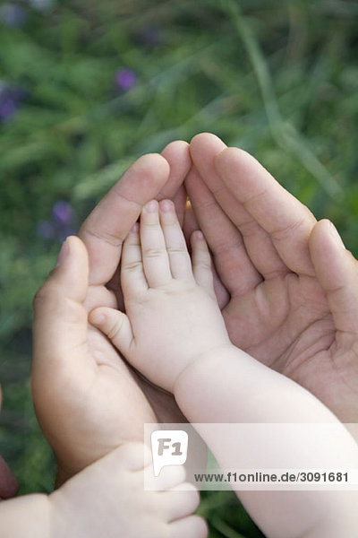 The hands of a baby and adult