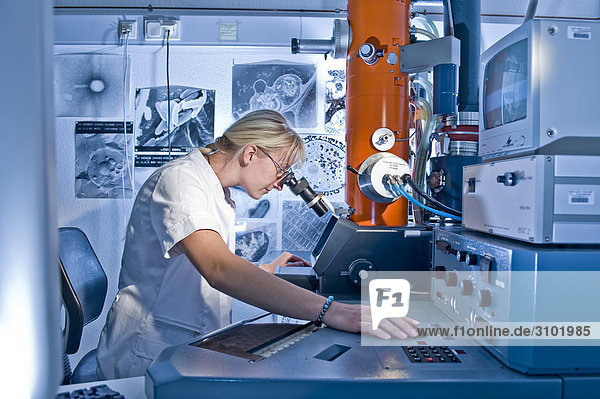Laboratory technician working on an electron microscope  Max-Planck research;Fermentation protein folding; Halle  Germany  Europe