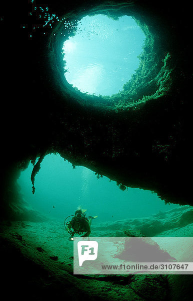 Scuba diver in underwater cave  Bahamas  West Indies