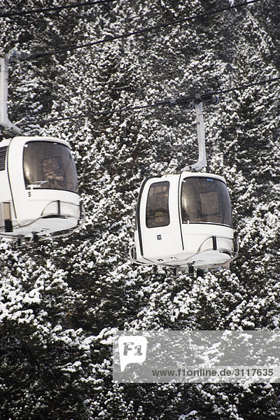 Luftseilbahnen fahren an schneebedeckten Bäumen vorbei