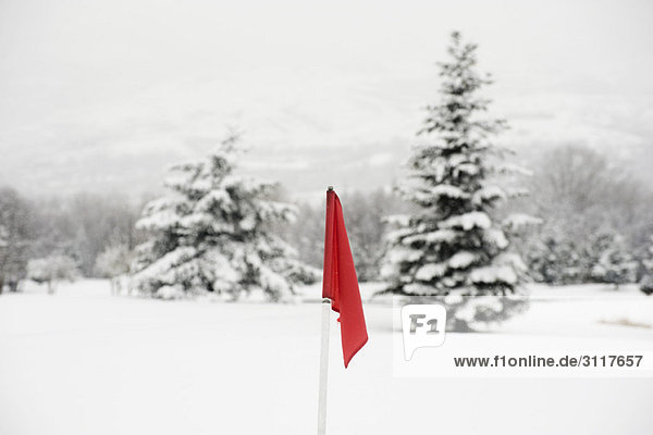 Rote Flagge auf schneebedecktem Golfplatz