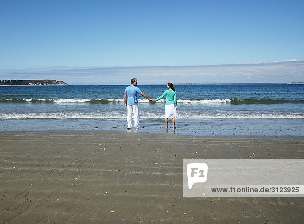 Paar am Strand stehend  Hände haltend  Rückansicht
