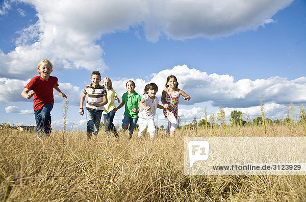 Kinder rennen über ein Feld  Flachwinkelansicht
