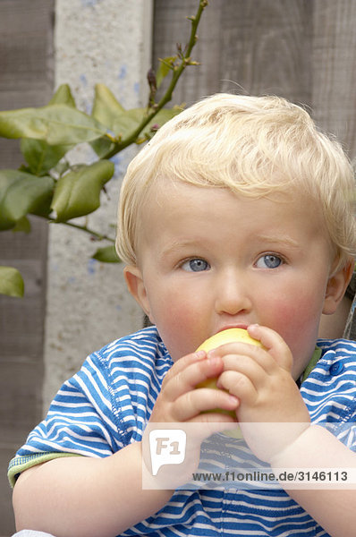 young boy eating fruit