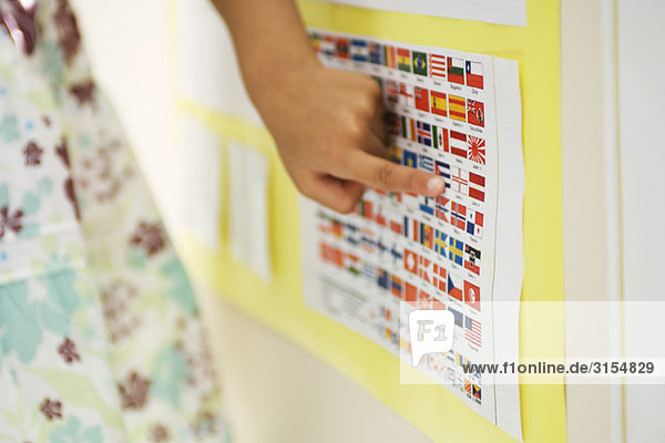 Elementary student pointing to flag on chart  cropped