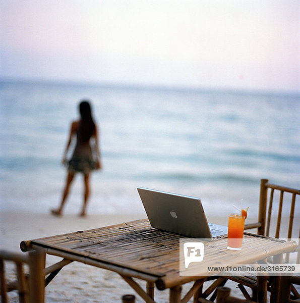 Eine junge Frau mit einem Laptop auf dem Strand  Thailand.