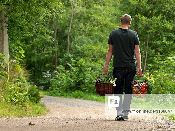 Ein Mann mit Körben voller Gemüse Schweden.