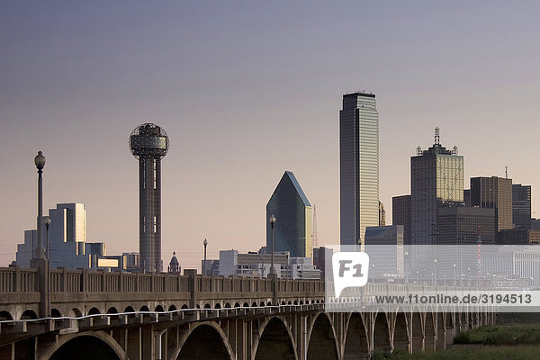 Skyline of Dallas  bridge in the foreground  USA