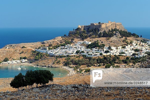 Blick auf Lindos  Rhodos  Griechenland  Erhöhte Ansicht