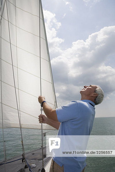 Mature man checking sails on yacht