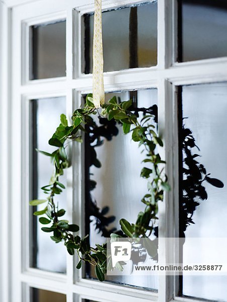 A garland hanging in a window.