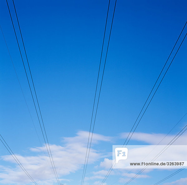 Elektrische Leitungen im blauen Himmel.