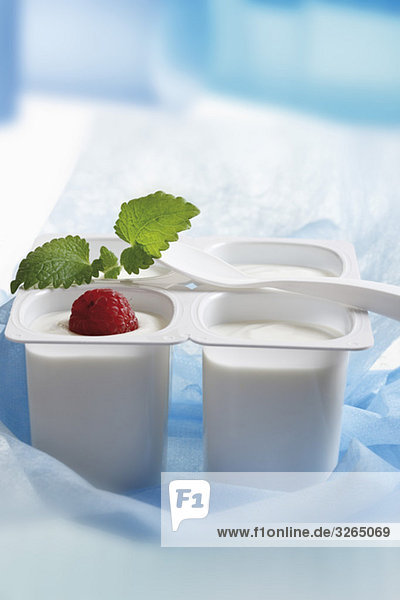 Vier offene Joghurtbecher mit Obst und Minzblatt Nahaufnahme