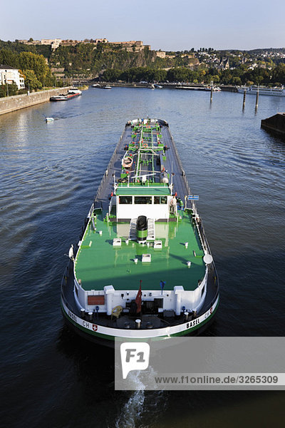 Germany  Rhineland-Palatinate  Koblenz  Cargo ship on the Moselle River  elevated view