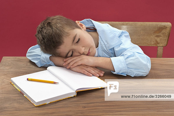 Schoolboy (6-7) sleeping at desk
