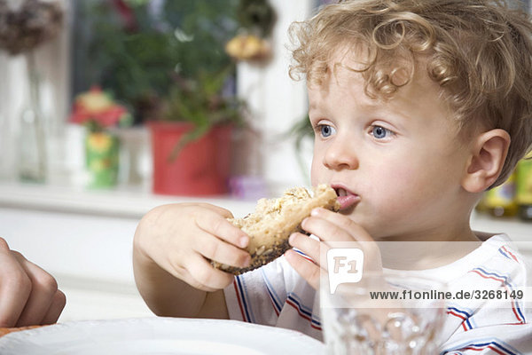 Boy (2-3) eating bread roll  close-up