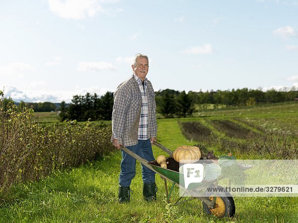 Mature man with wheelbarrow