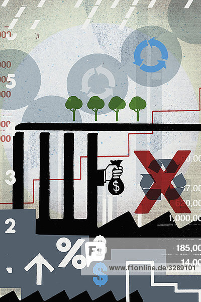 Collage aus Zahlen  Währungen und Recyclingsymbolen