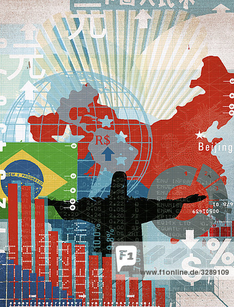 Collage aus Ländersymbolen und Finanzgrafik