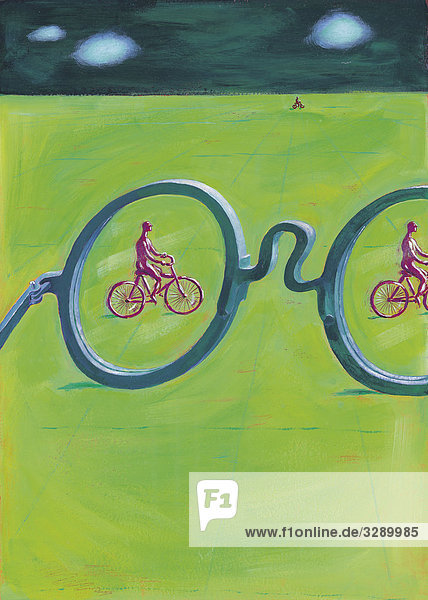 Große Brille und Männer auf Fahrrädern