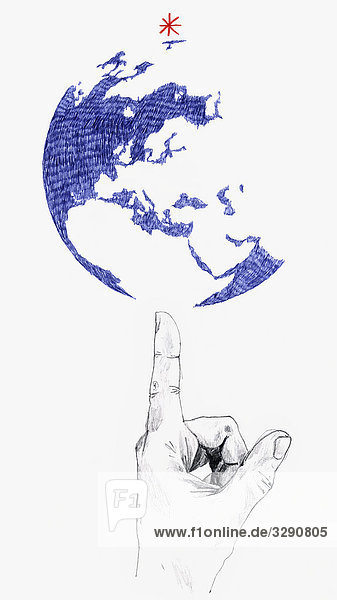 Mann balanciert Globus auf dem Finger