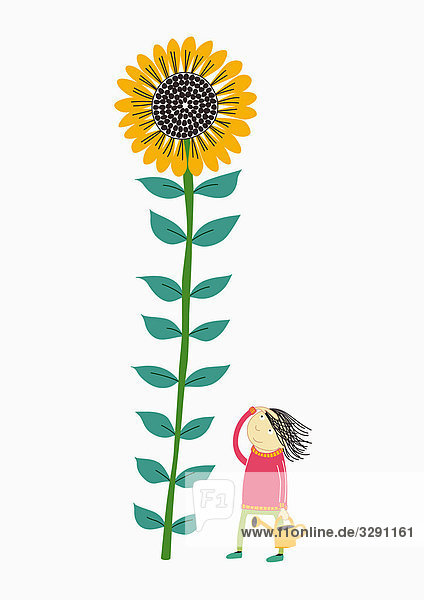 Frau gießt riesige Sonnenblume