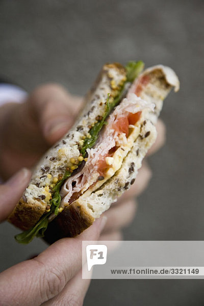 Detail einer Person mit einem Sandwich