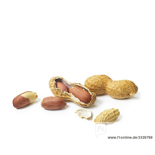 Erdnüsse und Muscheln auf weißem Hintergrund