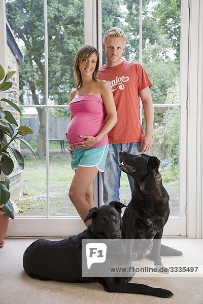 Kaukasische schwangere Paare und Hunde