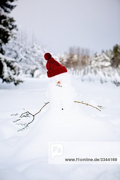 Schneemann mit roter Mütze im Schnee  Schweden.