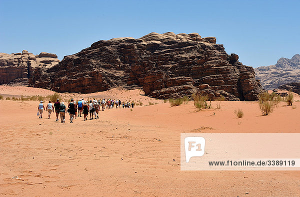 Touristen in Wadi Rum  Jordanien  Asien