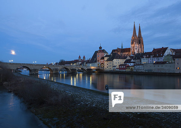 Stone Bridge and old town of Regensburg  Germany