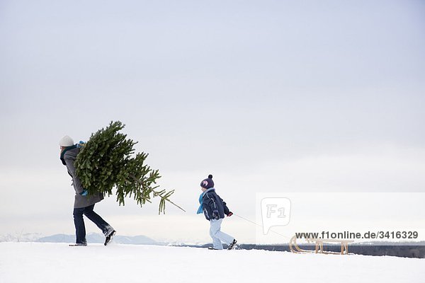 Mother and son carrying christmas tree
