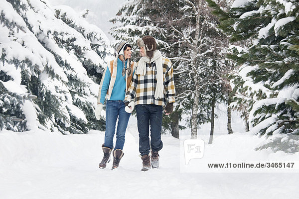 Junges Paar schaut sich an  geht im Schnee spazieren