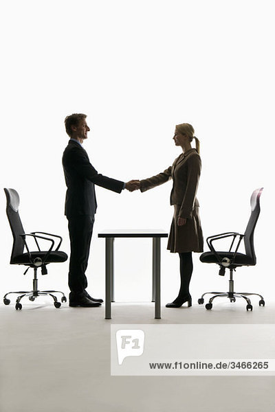 A businessman and businesswoman shaking hands
