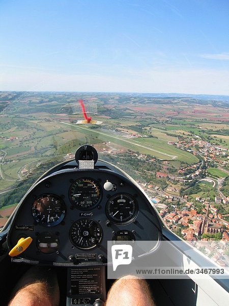Inside view of a glider approaching of aerodrome. Belmont sur Rance  Aveyron  France