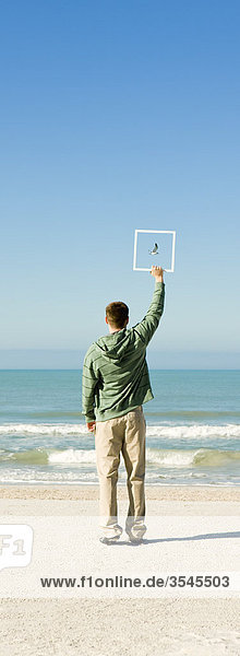 Mann am Strand hält Bilderrahmen hoch und fängt das Bild einer Möwe ein  die gegen den blauen Himmel fliegt.