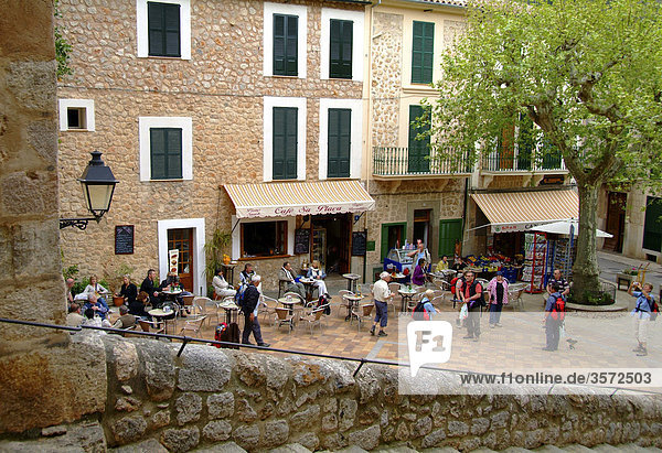 Cafe and market place  Fornalutx  Mallorca  Spain  Europe