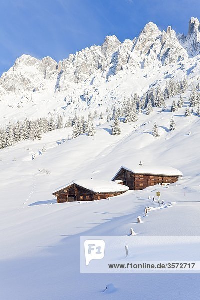 Alp huts at the Hochkoenig in snow Austria