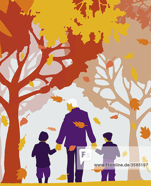 Grandfather and grandchildren walking under autumn trees and leaves