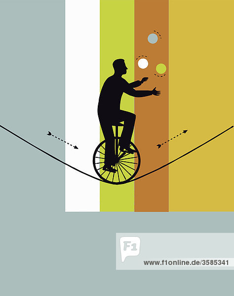 Mann balanciert mit Einrad auf einem Seil