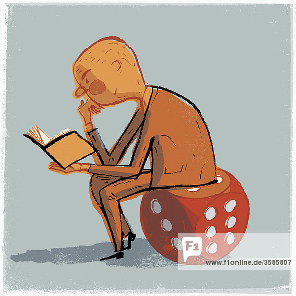 Mann auf Spielwürfel liest ein Buch