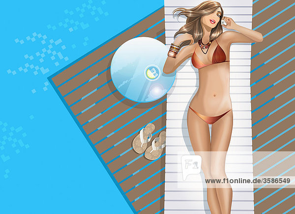 Sexy woman in bikini talking on cell phone at poolside