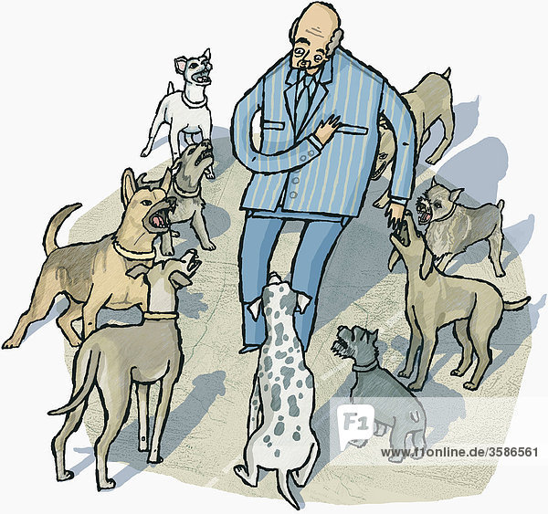 Geschäftsmann umgeben von bedrohlichen Hunden