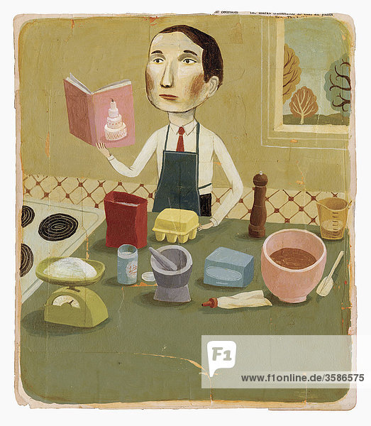 Mann mit Kochbuch backt in der Küche
