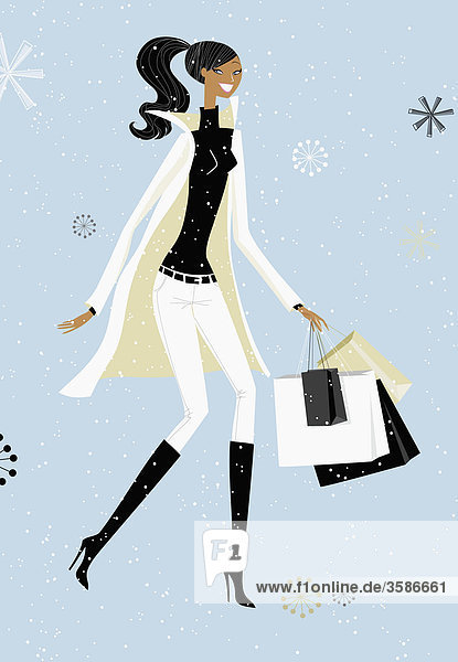 Schneeflocken fallen auf Frau mit Einkaufstaschen