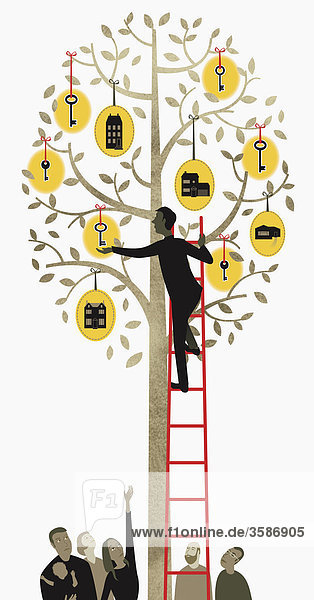 Mann auf einer Leiter reift nach Schlüssel auf einem Baum