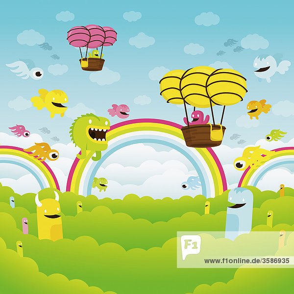 Cute monsters flying among rainbows and in hot air balloons