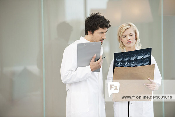 Female doctor examining x-ray with her colleague