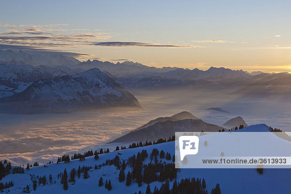 Berg Winter Berggipfel Gipfel Spitze Spitzen Himmel Meer Nebel Alpen Schweiz Vierwaldstättersee